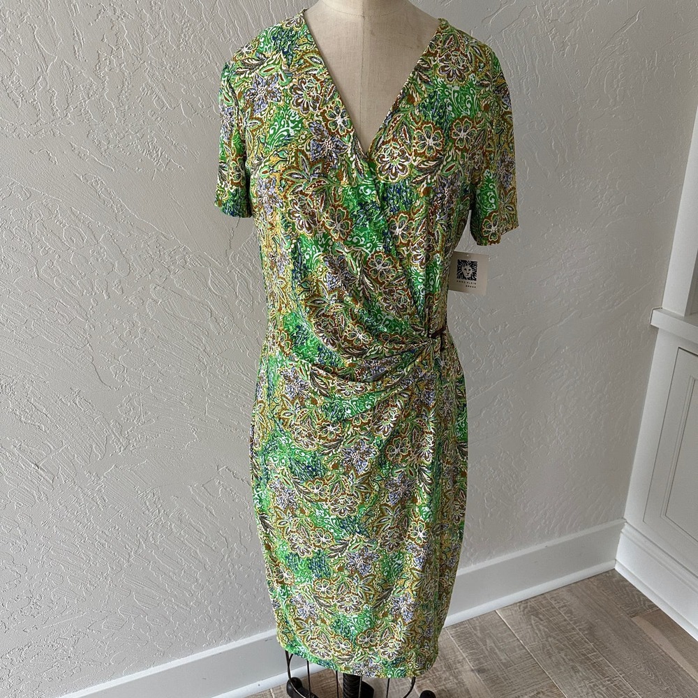 ANNE KLEIN | Faux Wrap Dress Green Floral Stretch Short Sleeve NEW Size 10 - $99